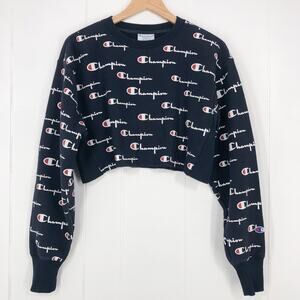 Champion Reverse Weave Crop Sweatshirt Boxy All Over Print Size Small Blue White